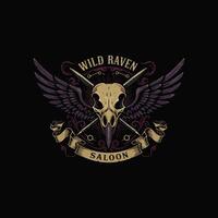 A stylized logo depicts a raven skull with wings crossed by two objects resembling quill pens below a banner reading Saloon. vector
