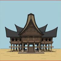 The image showcases a detailed illustration of a traditional Indonesian house, characterized by its unique elevated structure and distinctive curved roof. vector