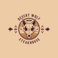 A vintage-style logo for a steakhouse depicts a wolf skull within a circular design featuring southwestern-inspired patterns. vector