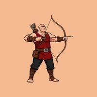 A powerful bald archer, clad in medieval attire, prepares to shoot an arrow from his bow. vector