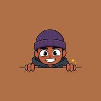 A cheerful cartoon boy with a purple beanie peeks over a brown surface with a happy expression. vector