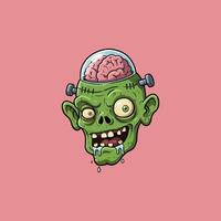 The image shows a cartoon illustration of a green zombie head with its brain exposed inside a glass dome. vector