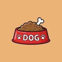 A cartoon illustration of a red dog bowl filled with dog food and a bone. vector