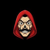 A stylized illustration of an angry skull face with a mustache wearing a red hooded jacket. vector