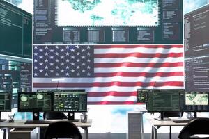 High tech governmental cyber operations center with USA flag. Network security, cyber defense and global surveillance to protect national security. Hacking tools for digital defense. photo
