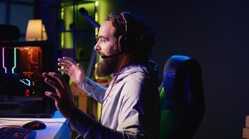 Gamer feeling surprised after losing mission while playing spaceship videogame, unsure of what he did wrong. Man questioning himself after getting flying spacecraft destroyed by more powerful enemies photo