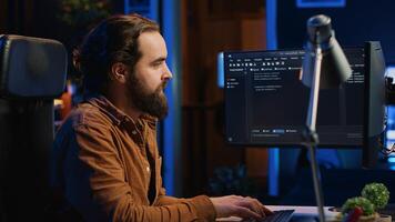 Developer having positive mood after finishing task, feeling euphoric. Ecstatic IT specialist celebrating after solving script errors, throwing fist in air from excitement, camera A photo