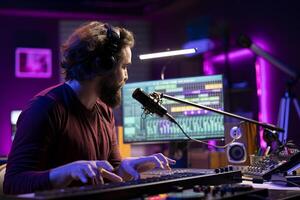 Music producer singing song on microphone and playing piano keyboard to record tunes on aw software interface. Artist creating soundtracks with audio equipment, midi controller gear. photo