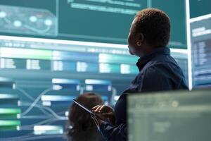 Governmental hackers execute cyber attacks by breaking passwords, compromising online security. Specialists infiltrate digital networks, breaching security protocols. Cyber surveillance. photo