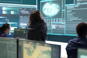 Governmental hackers at work planning advanced cyber attacks on servers infrastructure to gather intelligence, high tech spyware concept. Specialists hacking accounts for cyberwarfare. photo