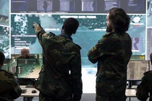 Infantry unit staff talking about enemy vessel gps location in control center, analyzing real time information for national safety mission in command post. Army personnel gathering intelligence. photo