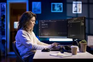Programmer filtering malicious traffic from cybercriminals attempting to corrupt company data using computer, preventing phishing attacks. Woman typing on keyboard, designing software programs photo