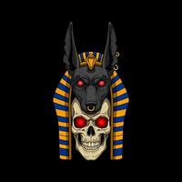 A stylized image depicts Anubis's head atop a skull wearing an Egyptian headdress with glowing red eyes. vector