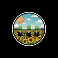 The image depicts three green aliens in black suits standing in a field of sunflowers under a bright sky with mountains and a planet visible. vector