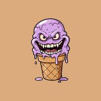A cartoon illustration depicts a melting purple ice cream cone with a monstrous face and sharp teeth. vector