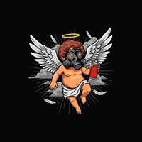 A cherubic angel with wings holds a spray paint can while wearing a gas mask a unique artistic blend of innocence and rebellion. vector
