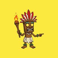 A cartoon tiki idol figure holds a flaming torch and points with one hand against a yellow background. vector