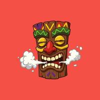 A comical cartoon tiki mask with exaggerated features exhales white smoke clouds against a red background. vector