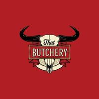 A vintage style logo for a butchery featuring a bull skull with large horns and a red banner. vector