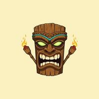 A cartoon illustration depicts an angry tiki idol with glowing eyes holding flaming torches. vector