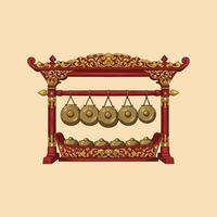 The image shows a detailed illustration of a gamelan, a traditional Indonesian musical instrument set, displayed on an intricately carved wooden frame. vector