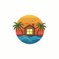 A charming illustration depicts a small house nestled on the ocean shore at sunset with palm trees flanking it. vector