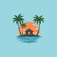 A small house sits on a tropical island surrounded by palm trees at sunset, overlooking calm ocean waters. vector