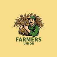 A smiling farmer in green overalls holds a large bundle of golden wheat, representing the Farmers Union. vector