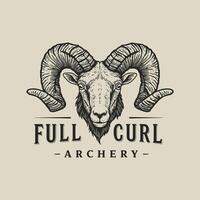 A hand drawn illustration of a rams head with large curled horns forms the logo for Full Curl Archery. vector