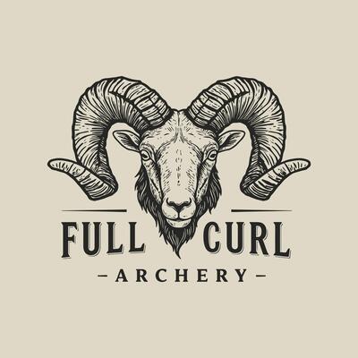 A hand drawn illustration of a rams head with large curled horns forms the logo for Full Curl Archery.