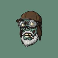 A stylized illustration depicts the head of a zombie aviator with a long white beard smoking a cigarette. vector
