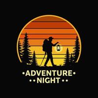 A silhouette of a hiker with a lantern walking through a forest at sunset in a retro style illustration. vector