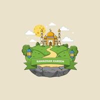 A stylized illustration depicts a mosque on a hill under a full moon with lanterns and a Ramadan Kareem banner. vector