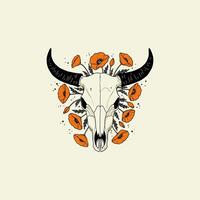 A stylized illustration depicts a bull skull encircled by vibrant orange poppies, creating a visually striking contrast between life and death. vector
