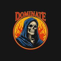A stylized grim reaper skull wearing a blue hood is depicted within a fiery circular emblem with the word dominate above. vector