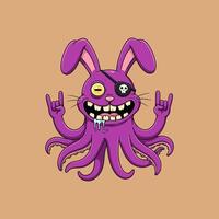 This image depicts a cartoon illustration of a purple rabbit with octopus tentacles, wearing an eyepatch and making rock hand signs. vector