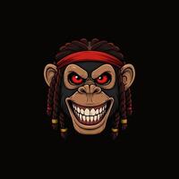 A stylized illustration of an angry chimpanzee with red eyes, dreadlocks, and a red headband. vector