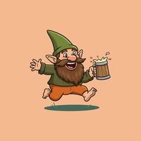 A cheerful cartoon gnome joyfully runs while carrying a mug of frothy beer. vector