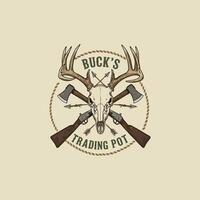 A vintage logo design showcasing a deer skull flanked by crossed axes and arrows within a rope circle and text. vector