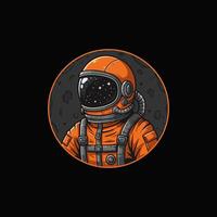 A stylized illustration depicts an astronaut in an orange spacesuit gazing out at a starry cosmos from near the moon. vector
