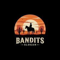 A logo depicting a lone cowboy riding a horse against a vibrant sunset backdrop in a desert setting with cacti and rock formations. vector
