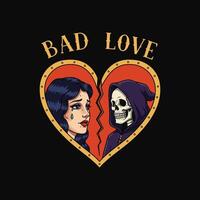 A split heart depicts a crying woman and the grim reaper symbolizing a failed and ultimately fatal relationship. vector