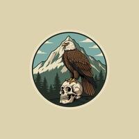 A vintage style illustration depicts a bald eagle perched atop a human skull against a backdrop of a majestic mountain range and a pine forest. vector