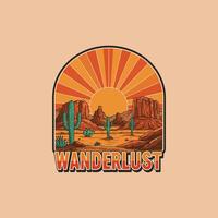 A stylized illustration depicts a desert landscape at sunset with cacti and rock formations, embodying the feeling of wanderlust. vector
