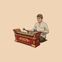 A Javanese man is skillfully playing a traditional gamelan instrument adorned with intricate red and gold carvings. vector