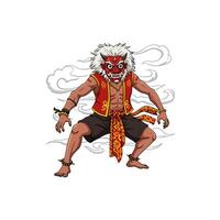 A powerful illustration depicts an Indonesian Barong dancer in a dynamic, fierce pose, wearing a traditional red mask and costume. vector