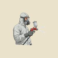 A person in a protective suit and respirator uses a paint sprayer, demonstrating safety and precision in the task. vector