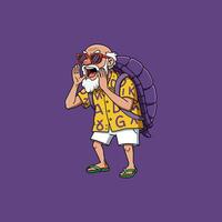 A cartoon illustration depicts a cheerful elderly man with a backpack, shouting enthusiastically while wearing sunglasses and summer attire. vector