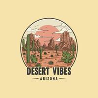 An illustrated Arizona desert scene showcases cacti, rocky mountains, and a vibrant sunset in a circular design. vector