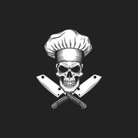 A monochrome illustration of a skull wearing a chef's hat and crossed cleavers, creating a dark and edgy culinary design. vector